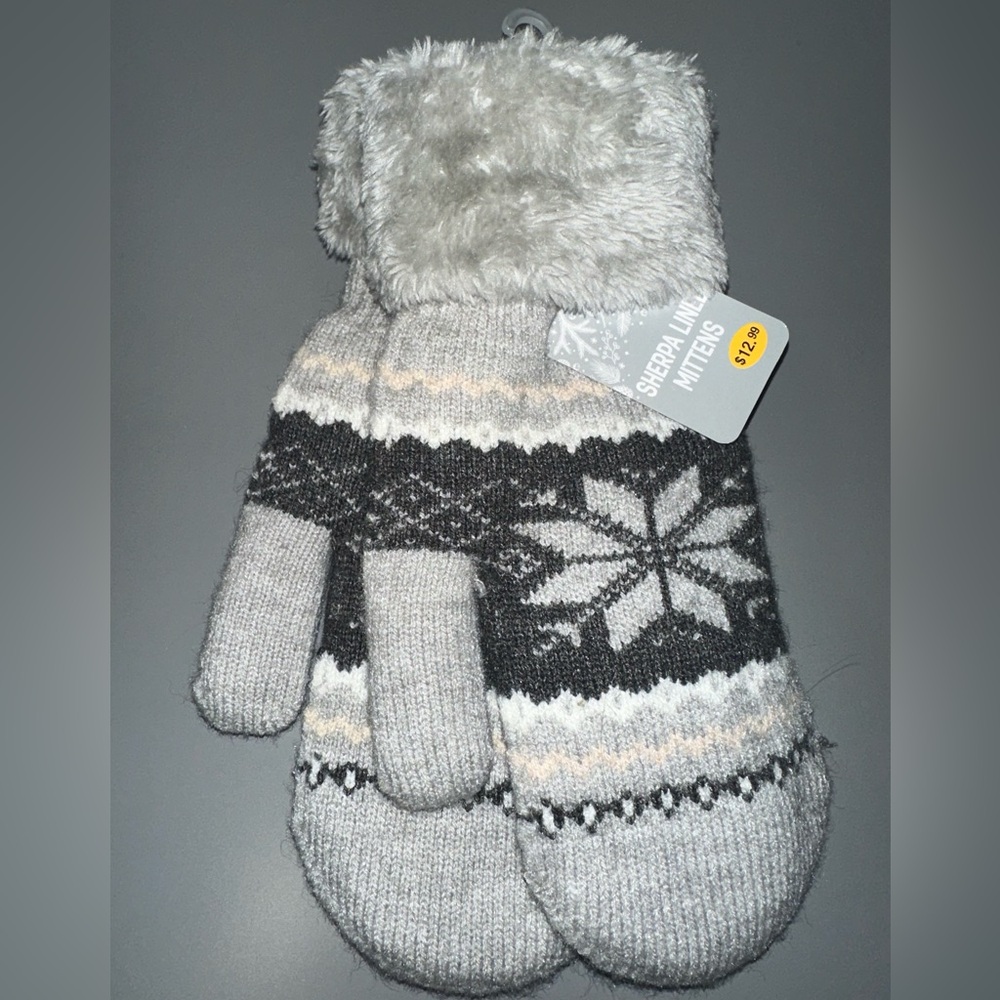 Winter Sherpa Lined Snowflake Knit Mettens, Dark Light Gray/light Gray -One Size